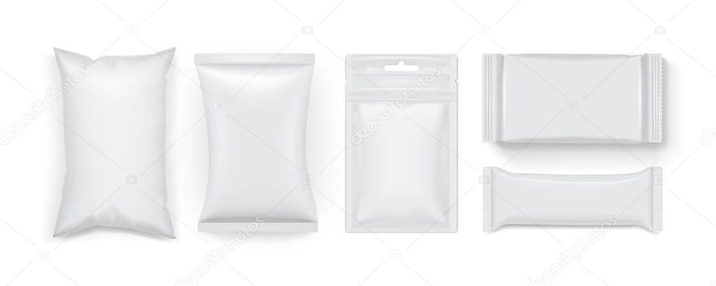 collection of different white food packaging isolated on white background mock up template
