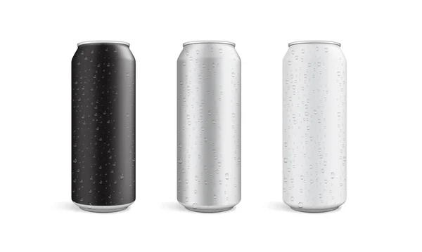 Latas Con Gotas Agua Aisladas Vector Fondo Blanco Simulan — Vector de stock