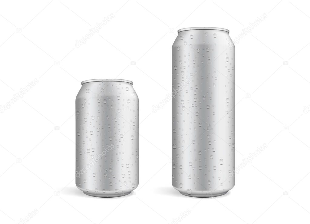 big and small beer cans with water drops isolated on white background vector mock up 