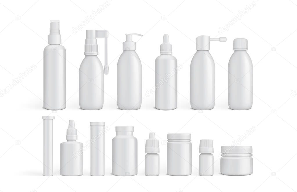 white empty packaging medicine bottles isolated on white background mock up vector