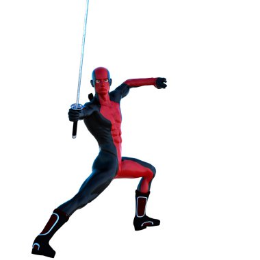 Kırmızı ve siyah süper elbiseli bir genç güçlü adam