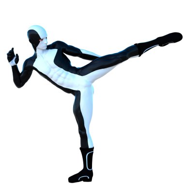 Beyaz ve siyah süper elbiseli bir genç güçlü adam