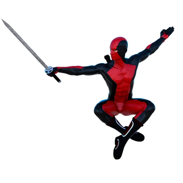En ung stark man i röd och svart super kostym — Stockfoto