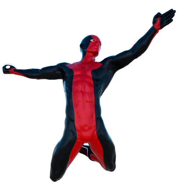 En ung stark man i röd och svart super kostym — Stockfoto