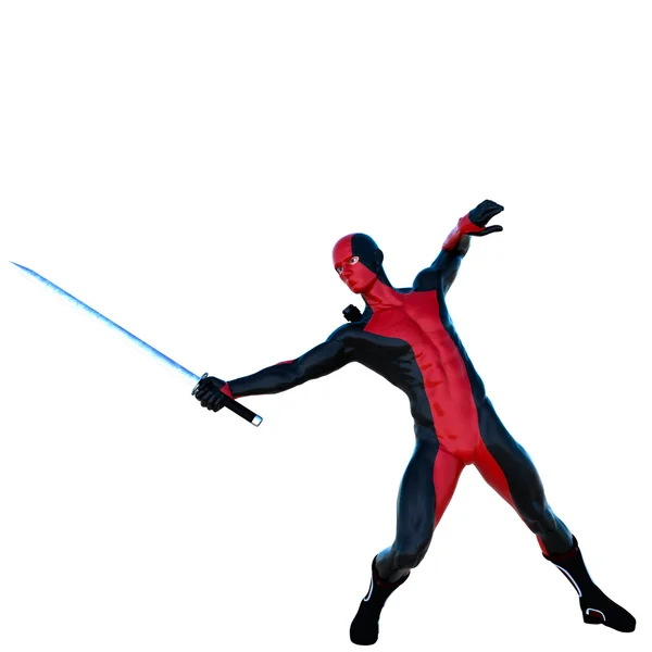 Un hombre joven y fuerte en un super traje rojo y negro — Foto de Stock