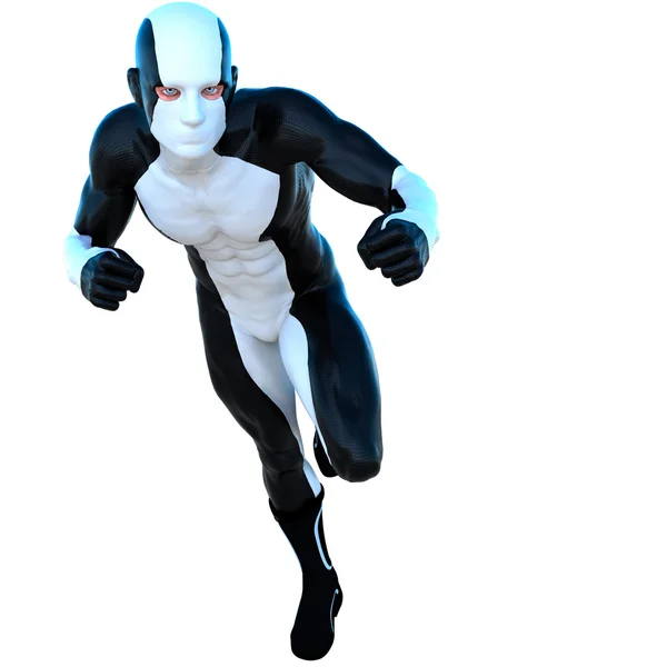 En ung stark man i vitt och svart super kostym — Stockfoto