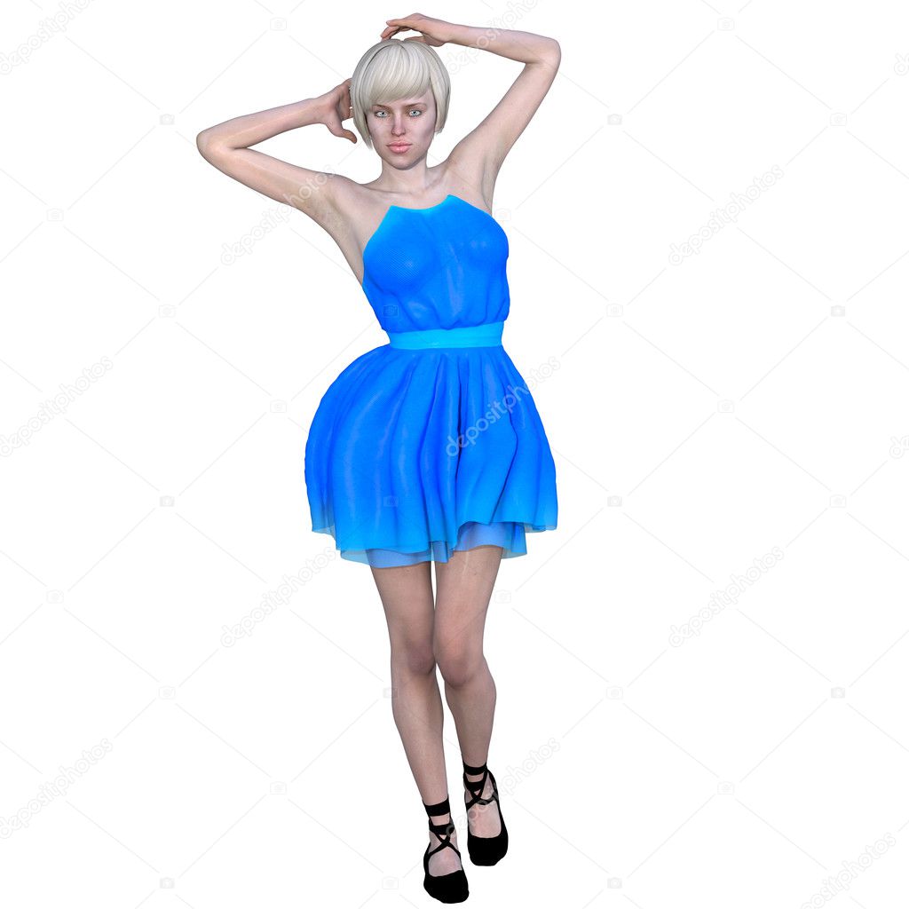 One well-groomed young woman in a blue dress