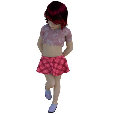 7-10 yaşlarında bir çocuk. Kısa bir gömlek ve kısa bir elbise kız