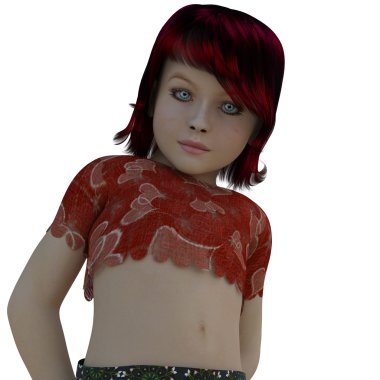 7-10 yaşlarında bir çocuk. Kısa bir gömlek ve kısa bir elbise kız