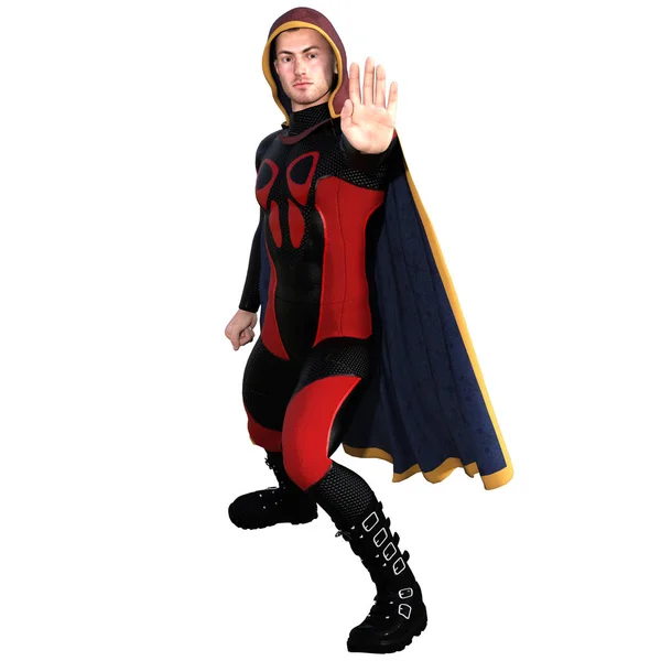 Un joven con un super traje y una capa roja — Foto de Stock