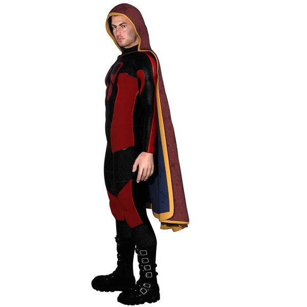 One young man in a super suit and a red cloak — Stock Photo, Image