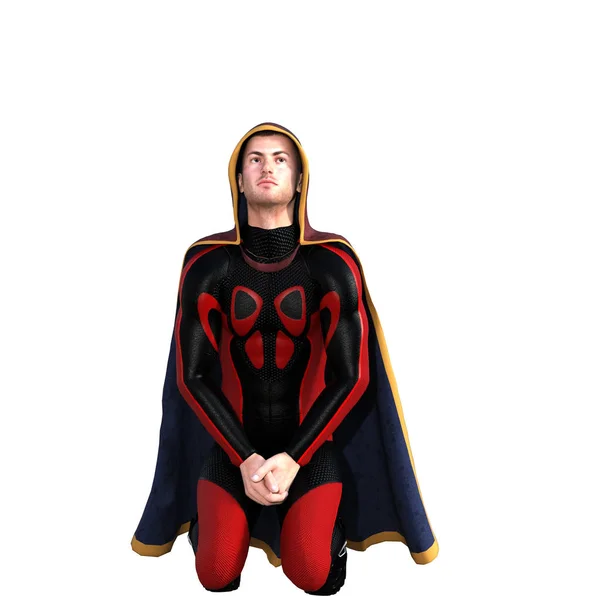 Een jonge man in een super pak en een rode mantel — Stockfoto