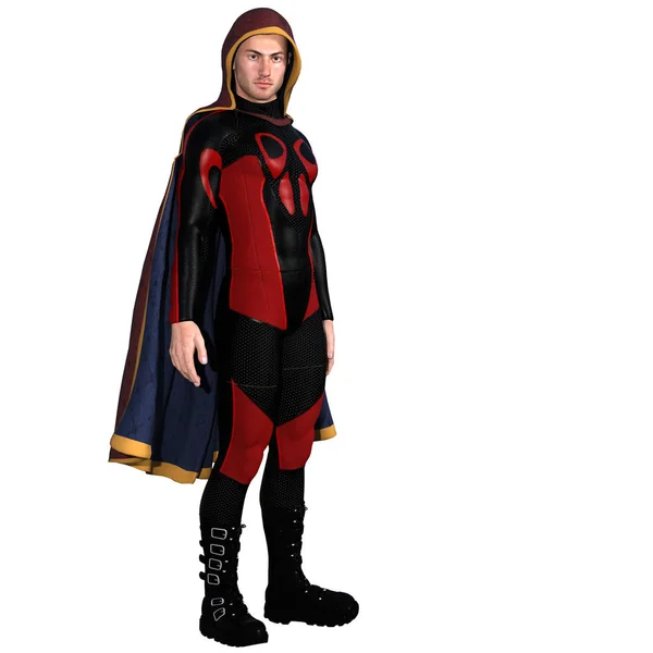 Een jonge man in een super pak en een rode mantel — Stockfoto
