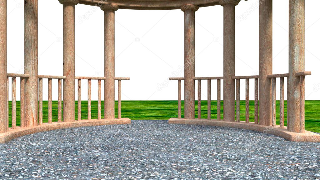 inside view of tent with wooden pillars and a concrete floor