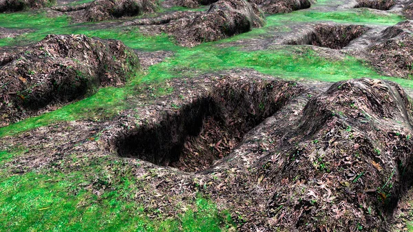 view of dug and empty graves. Open dumping. Religious place