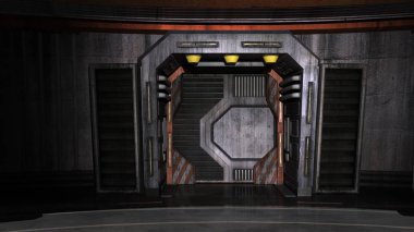 Koridorda çelik kapı görünümünü uzay aracı üzerinde