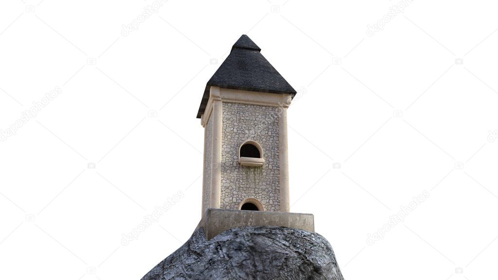 close view of a two-story tower on stone