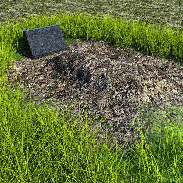 Vista Una Tumba Enterrada Campo Rodeado Hierba Con Nuevo Monumento — Foto de Stock