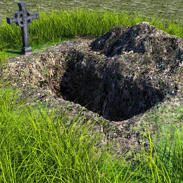 看到一个被一个巨大的十字架围在草地上的挖掘坟墓 图库图片