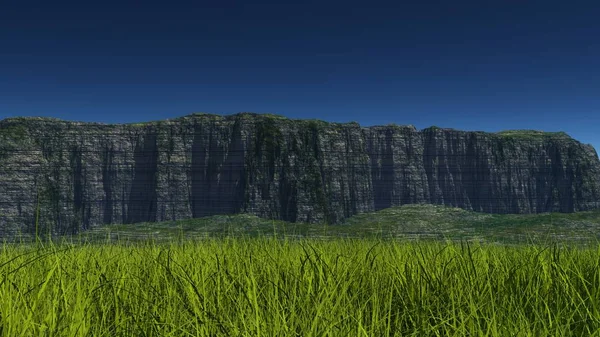 Vista Espacios Abiertos Con Césped Verde Una Meseta Rocosa Fondo — Foto de Stock