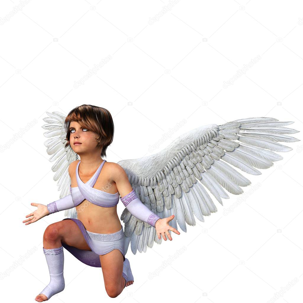 One little girl with feather angel wings on her back. She knelt down and looks up