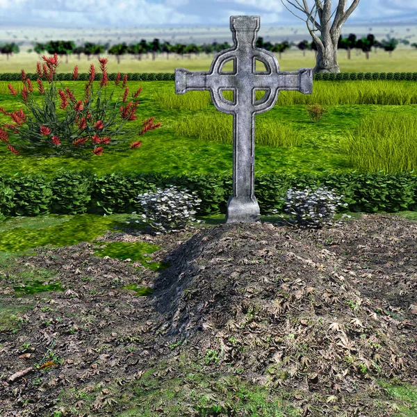 Gün Boyunca Bitkilerle Dolu Bir Mezarlıkta Büyük Bakımlı Bir Mezar — Stok fotoğraf