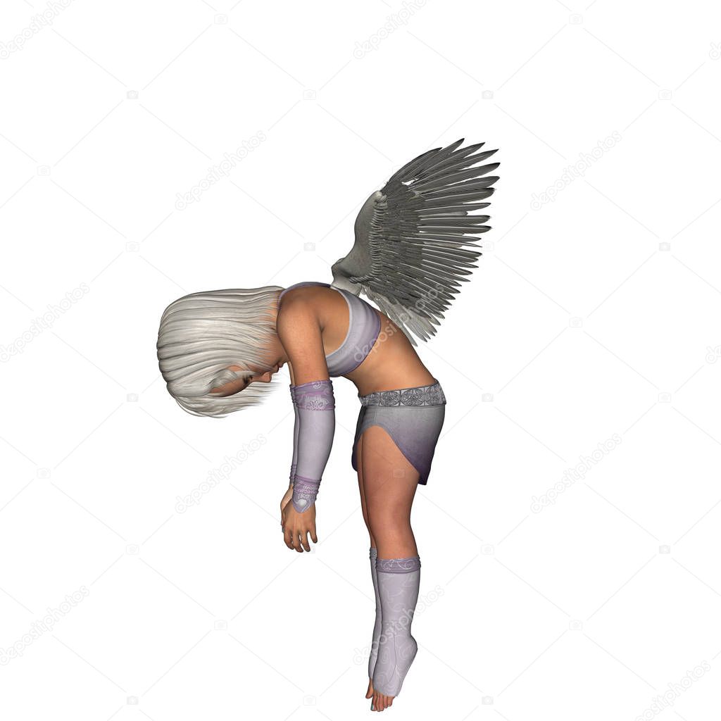 One little girl in the image of an angel with large feather wings behind her back. She is in the air with her head and arms down. Her eyes are closed