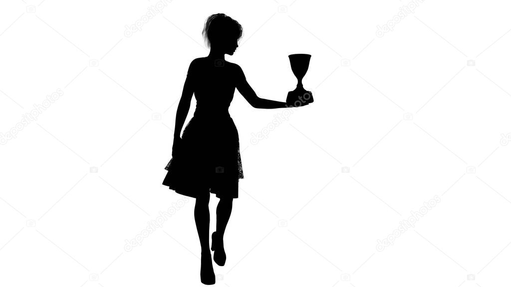 Black silhouette of one young girl in a dress that shows the winner cup. White background