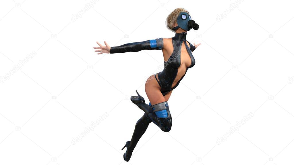 One girl in a futuristic light blue-black suit. She poses pretending she is flying. White background