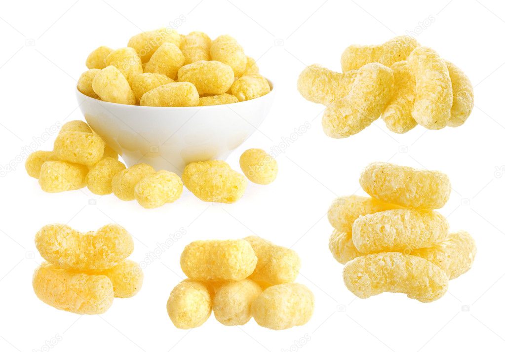Crunchy corn snacks isolated on white background