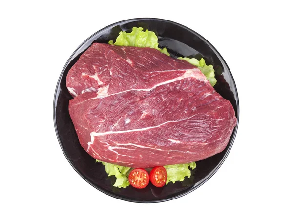 Beyaz arka plan üzerinde izole ham sığır eti taze parçası. Üstten Görünüm