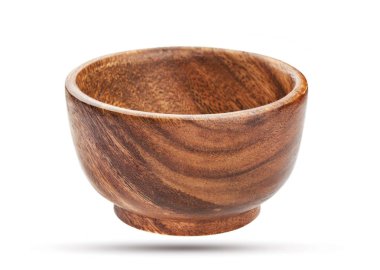 Boş ahşap kase beyaz arkaplanda izole