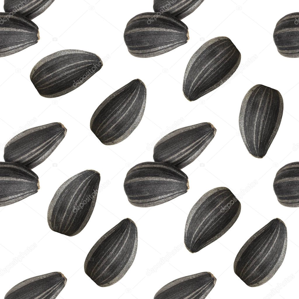 Seamless pattern of black sunflower seeds isolated on white background