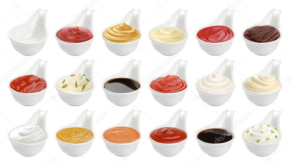 Set of different sauces isolated on white