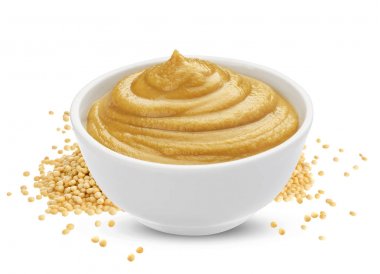 Kase ve beyaz arka plan üzerinde izole hardal tohumu hardal sosu