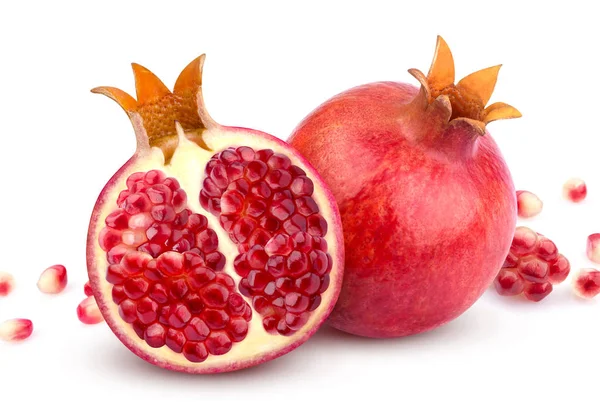 Pomegranate isolated. Whole pomegranate and its half isolated on white background — Stock Photo, Image