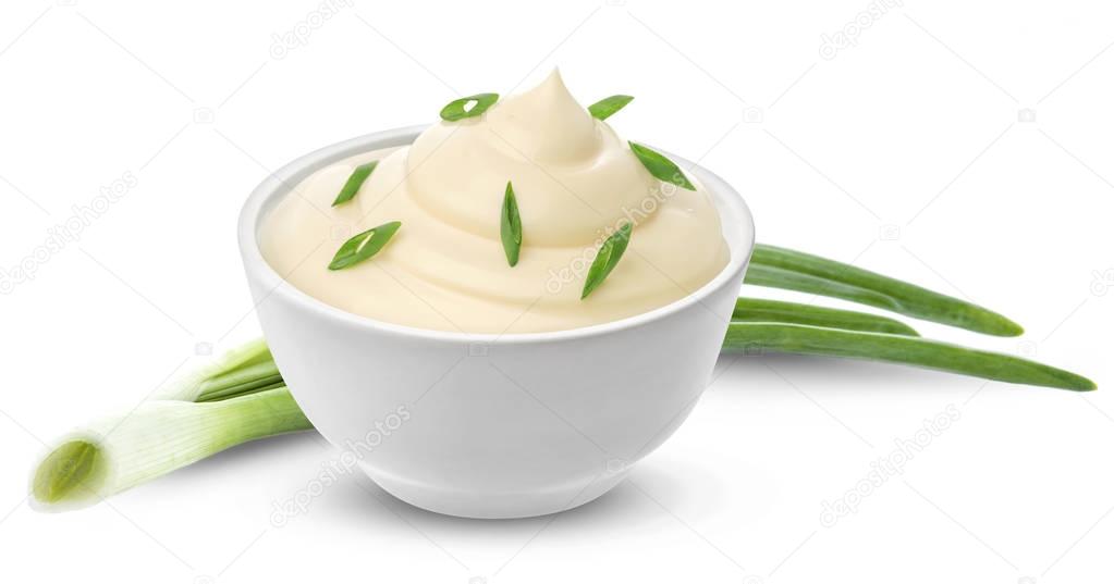 Sour cream with onion isolated on white background with clipping path, one of the collection of various sauces