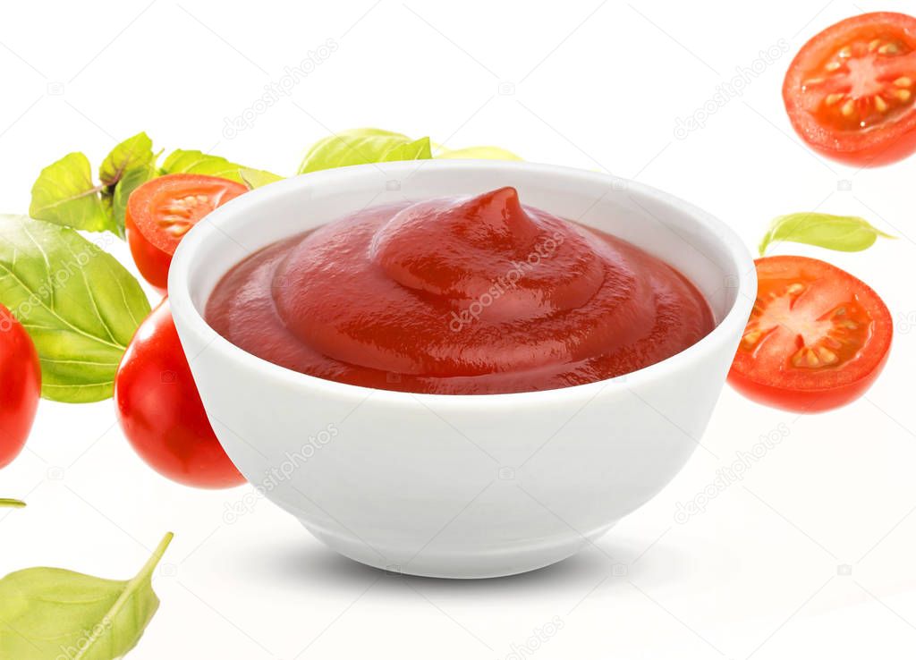 Ketchup in bowl on white background