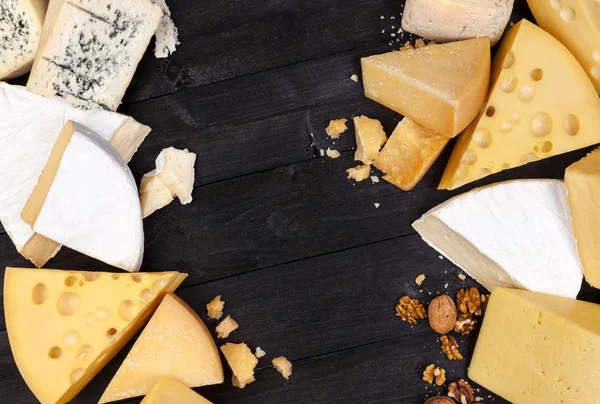 Various types of cheese. Top view. Copy space. — Stock Photo, Image