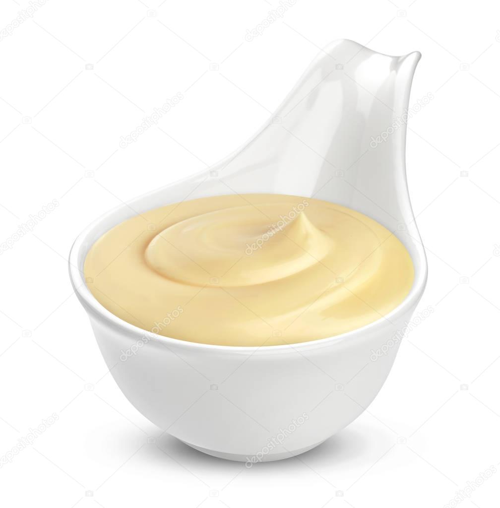 Mayonnaise sauce isolated. Bowl of sour cream isolated on white background, with clipping path