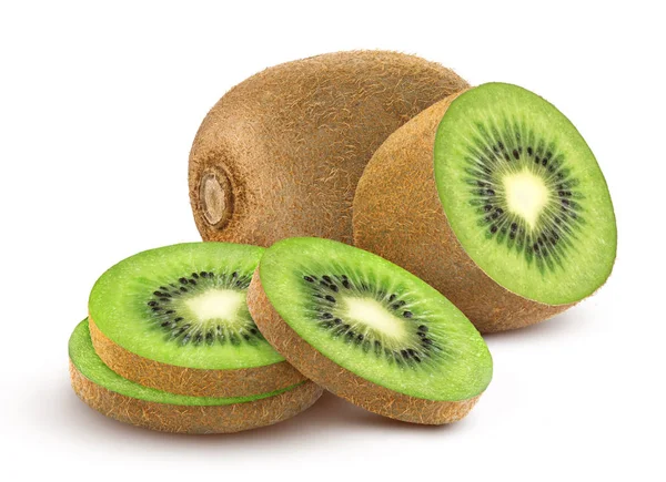 Fructe kiwi izolate. Colecție de kiwi întregi și tăiate izolate pe fundal alb — Fotografie, imagine de stoc