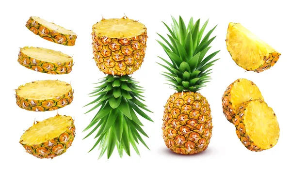 Ananas toplama. Beyaz arka plan üzerinde izole bütün ve dilimlenmiş ananas