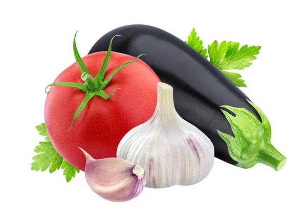 Zelenina, samostatný. Lilek, rajčata a česnek izolovaných na bílém pozadí — Stock fotografie