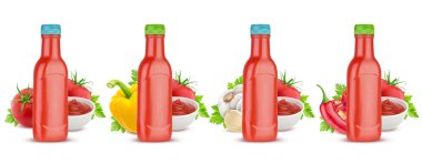 Beyaz arka planda izole edilmiş domates ketçap şişesi.