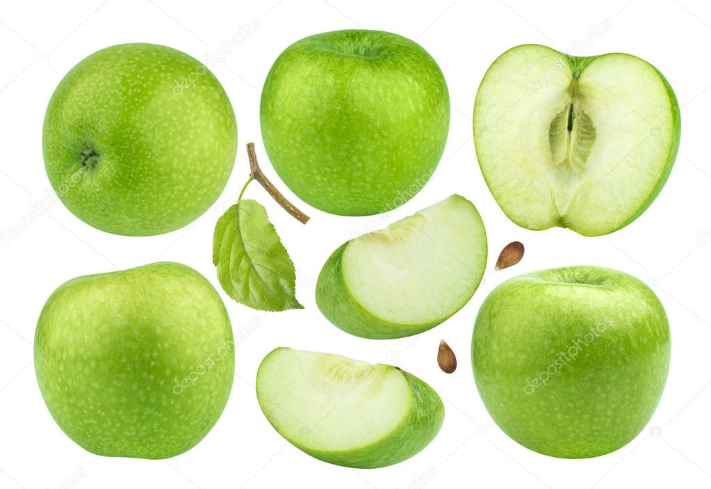 Green apple collection isolated on white background