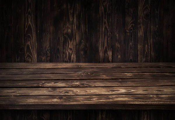 Mesa de madera oscura para el producto, viejo interior de perspectiva de madera negra — Foto de Stock