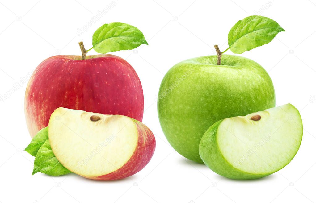 Apple collection. One green and single red apples and quarter piece isolated on white background
