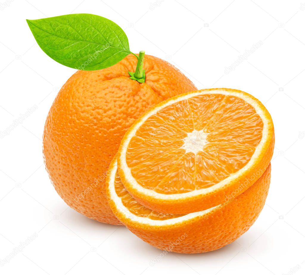 One whole orange fruit and half isolated on white