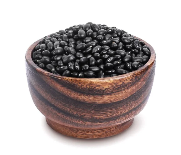 Fekete bab, a fából készült bowl elszigetelt fehér background — Stock Fotó