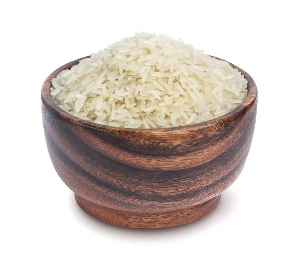 Beyaz bir arka plan üzerinde izole bir ahşap kase haşlanmış pirinç — Stok fotoğraf